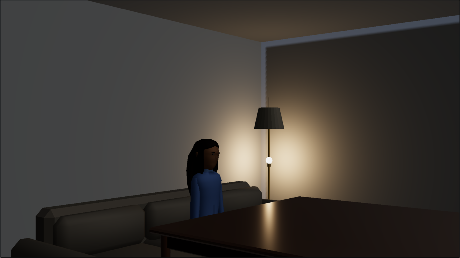 Camera A at night: the room dark, Elena lit by the floor lamp’s practical beside her, a cool moon through the window.